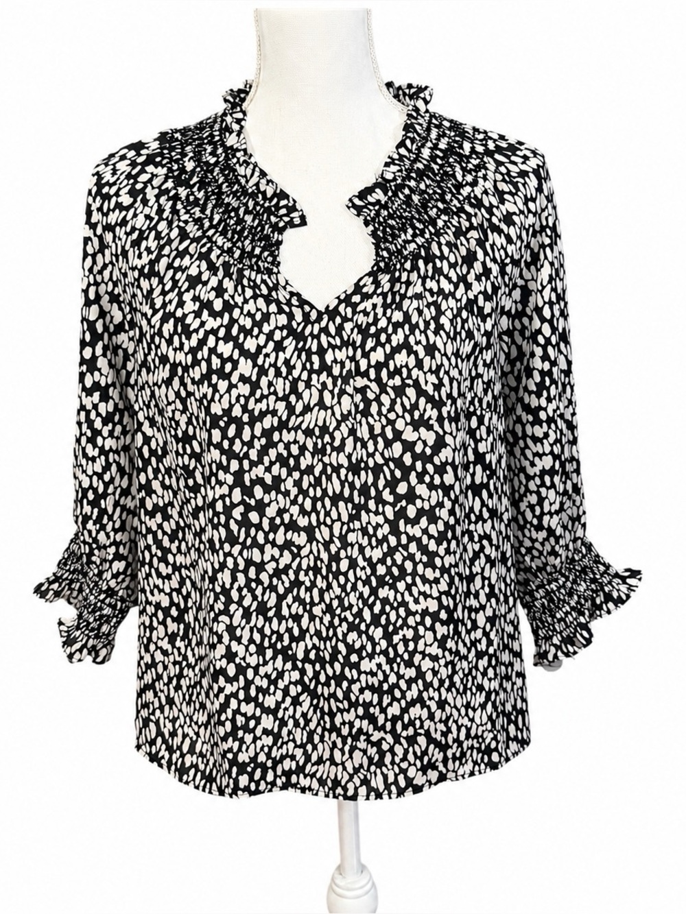 Talbots Petite Small Smocked Neck Top, 3/4 length Sleeves Black & White Print